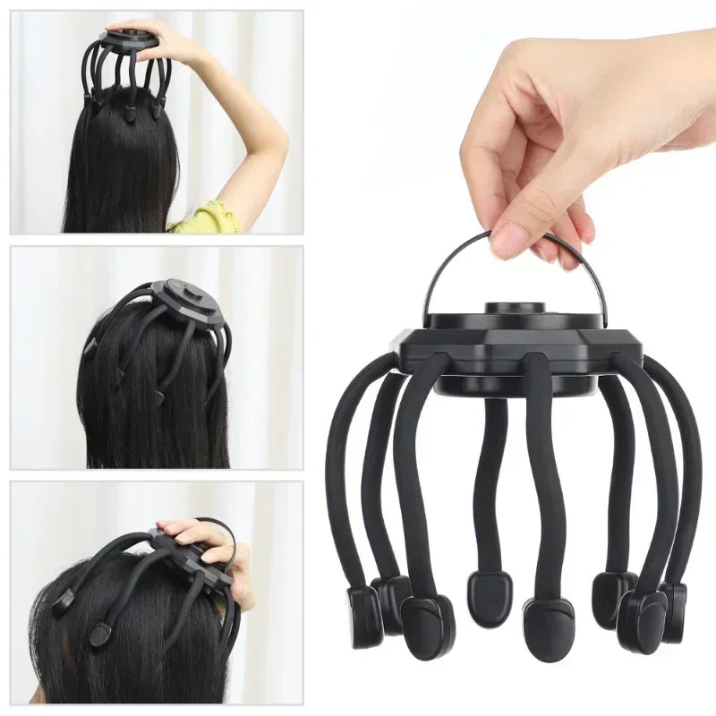 SCALPA™ Pro Electric Scalp Massager – 3-step usage guide showing how to place and use the device for scalp massage